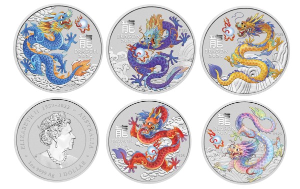 5 x 1 Unze Silber BU Farbig Drache - Rot, Blau, Lila, Gelb, Weiß, 1 $ Australien 2024