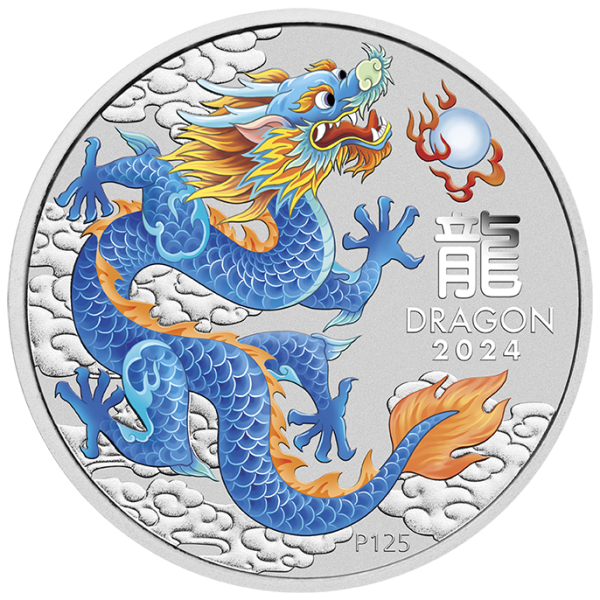 1 Unze Silber BU Farbig Blauer Drache Teal 1 $ Australien 2024